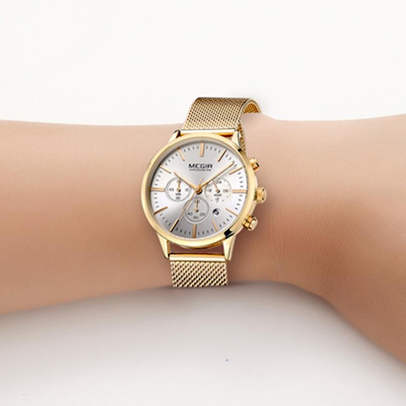Megir Women's Chronograph Luminous Hands Date Indicator Quartz Wrist Watches Lady Rose Gold M2011L-1
