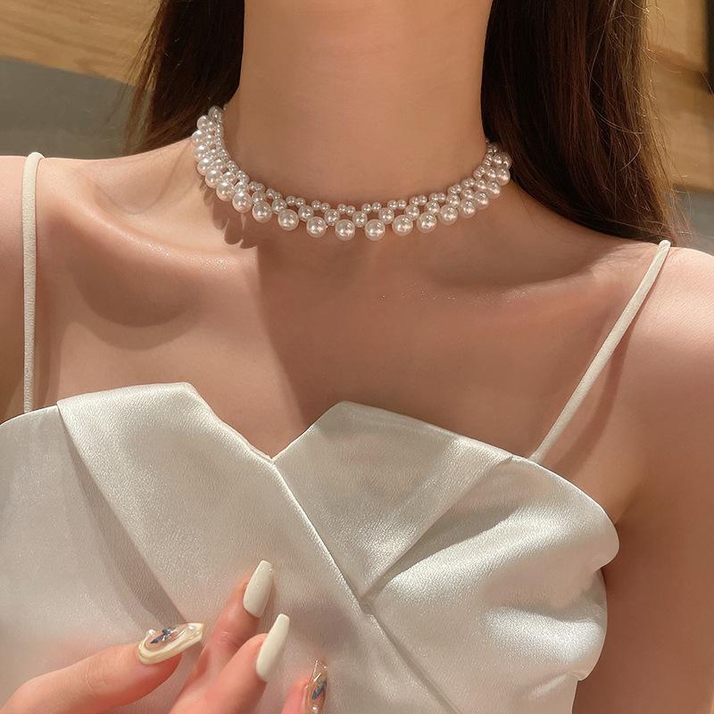 Handwoven multi-layer necklace women's retro elegance celebrity pearl collarbone chain high-end temperament necklace