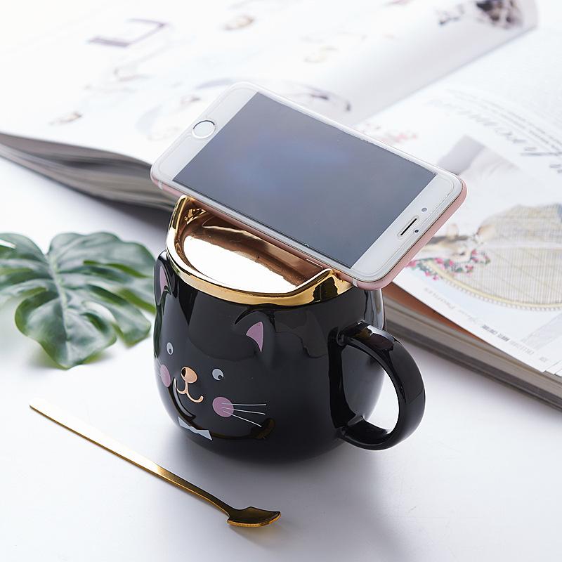 Ceașă de cafea cu capac și lingură, 500ML, cu coroană de animale din desene animate, ceașcă din ceramică pentru cuplu, cană din ceramică, ustensile de băut pentru acasă.