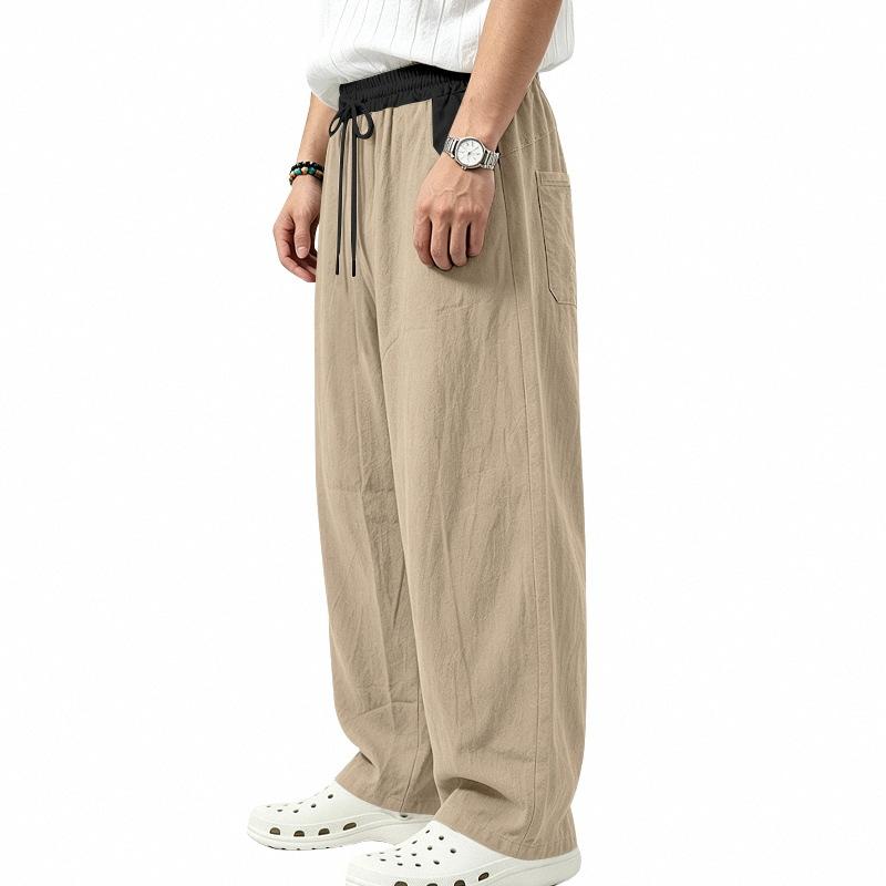 Men’s All-Season Lightweight Linen Trousers with Colour-Blocked Elasticated Waistband, Loose-Fit Curved-Leg Casual Trousers