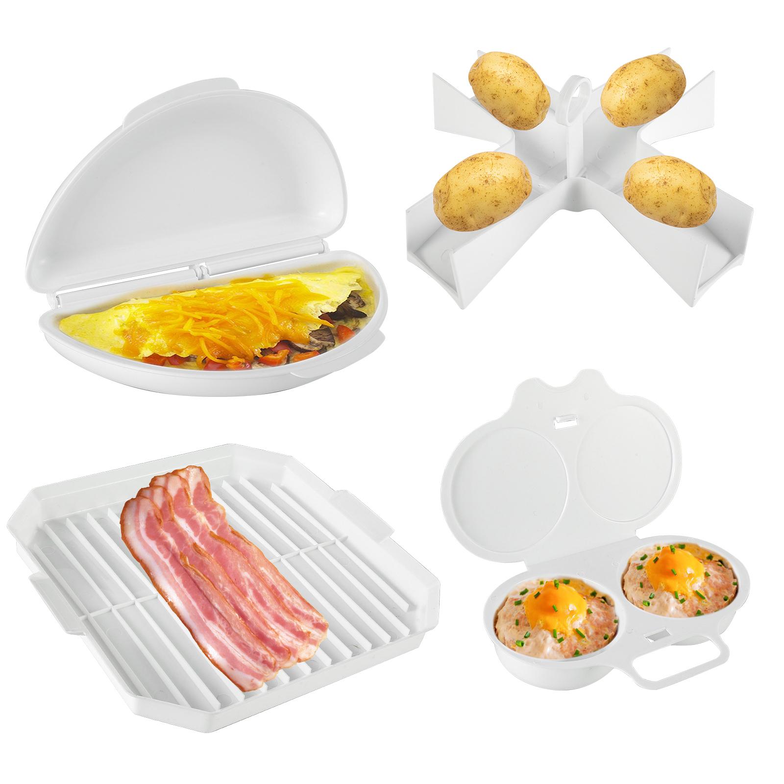 

4Pcs Microwave Cooking Set Heat Resistant Microwave Bacon Baking Plate Egg Steamer Fried Egg Box Potato Rack Kitchen Gadgets