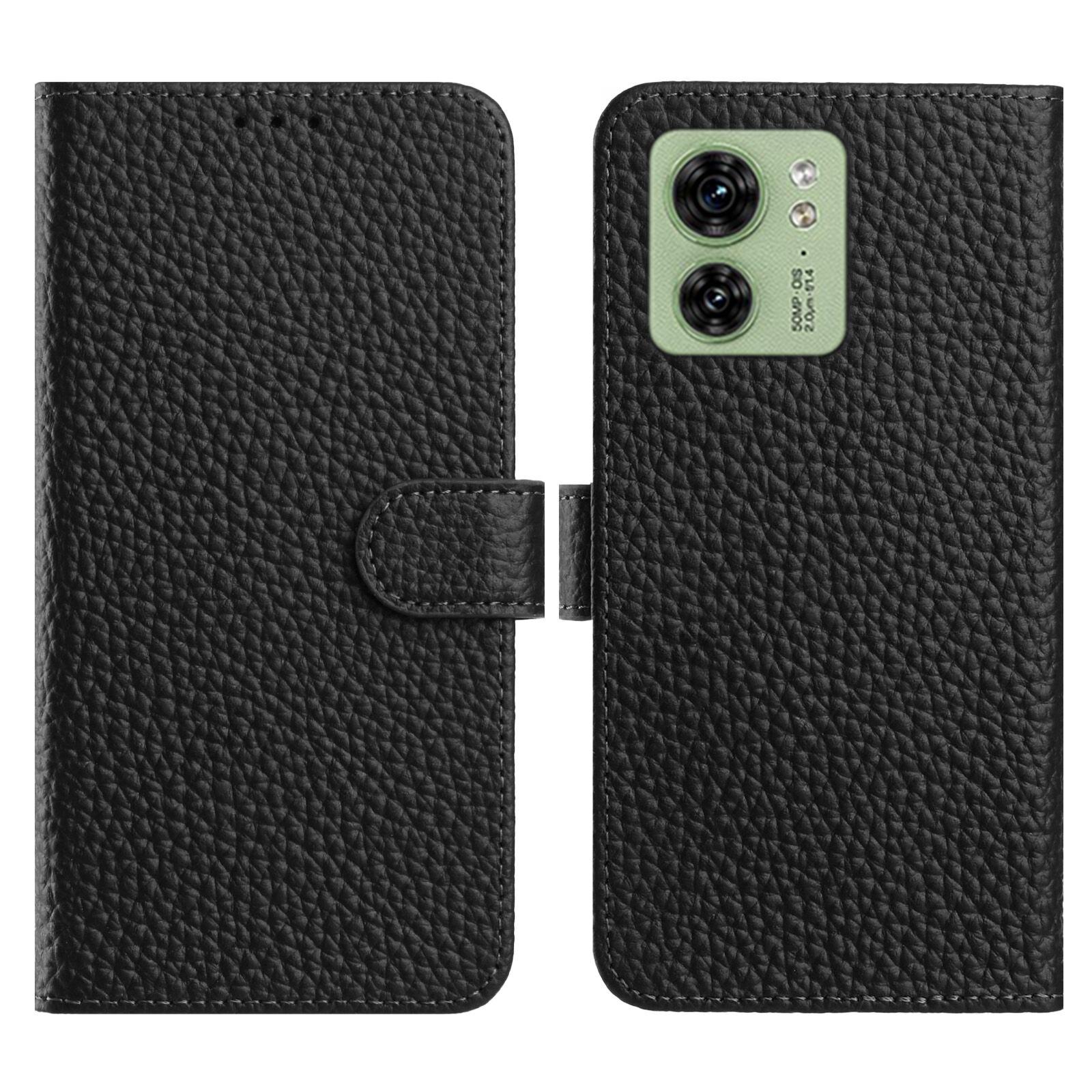 

For Motorola Edge 40 5G Case Wallet Stand Litchi Texture Genuine Cow Leather Flip Phone Cover Black