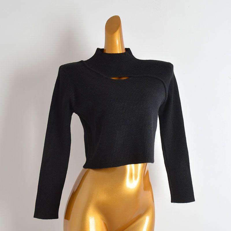 Fall and Winter New Arrival Pure Color Half Collar Pullover Sexy Cutout Knitwear Women's Clothing Loose Short Long Sleeve Bottoming Top