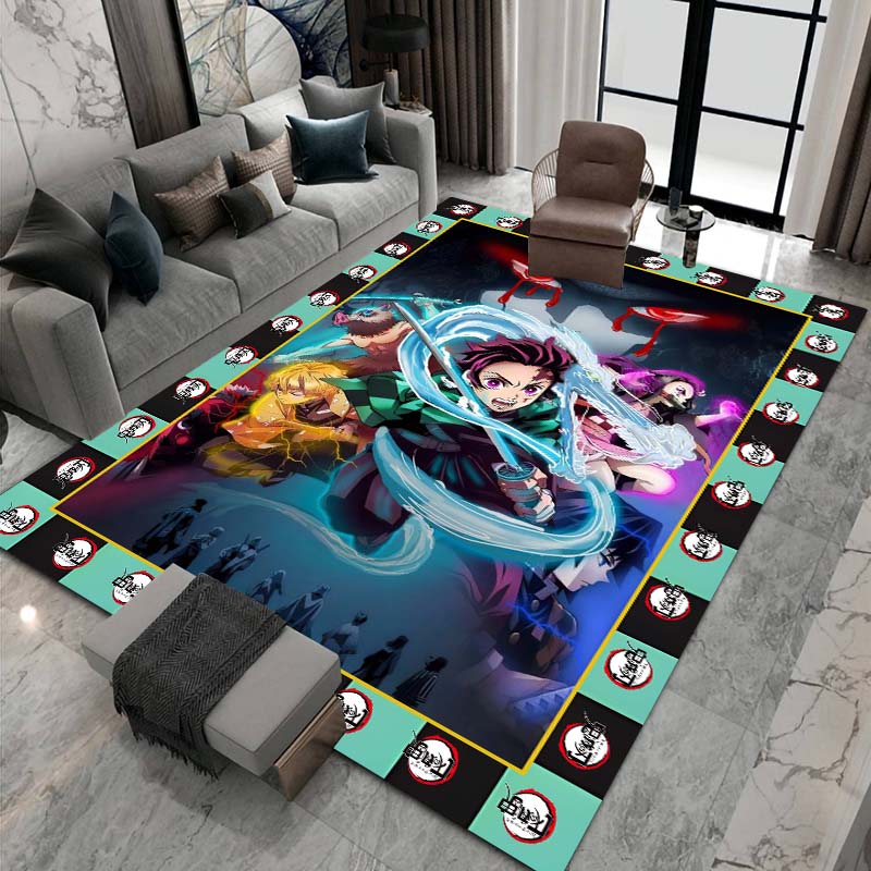 Cute cartoon Kimetsu no Yaiba rug, suitable for playrooms, bedrooms, living rooms, sofas, and other home décor; non-slip rug for
