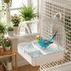 Transparente Vogelbad-Käfig-Bodenlade Papageien-Duschbox Vogel Vogelbad Futterspender Vogelkäfig