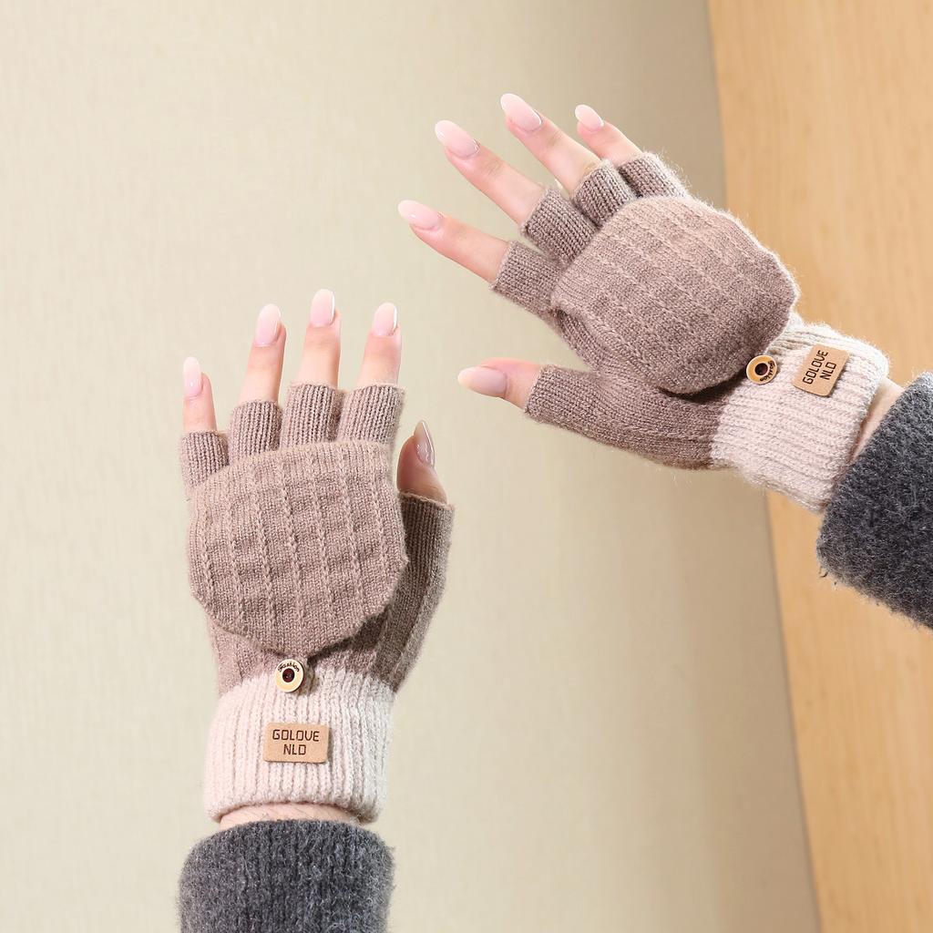 Camel wool knitted gloves women's autumn and winter warm outdoor antifreeze full finger gloves piled and thickened