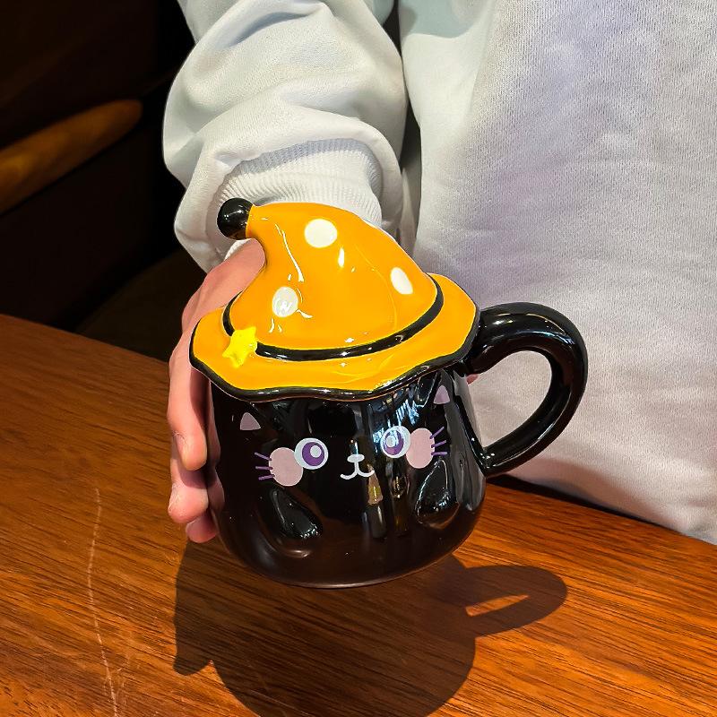 

Креативная милая кружка с кошкой и крышкой, чашка с привидением для девочек, керамическая, с мультяшным дизайном, бытовая чашка для воды 380ML