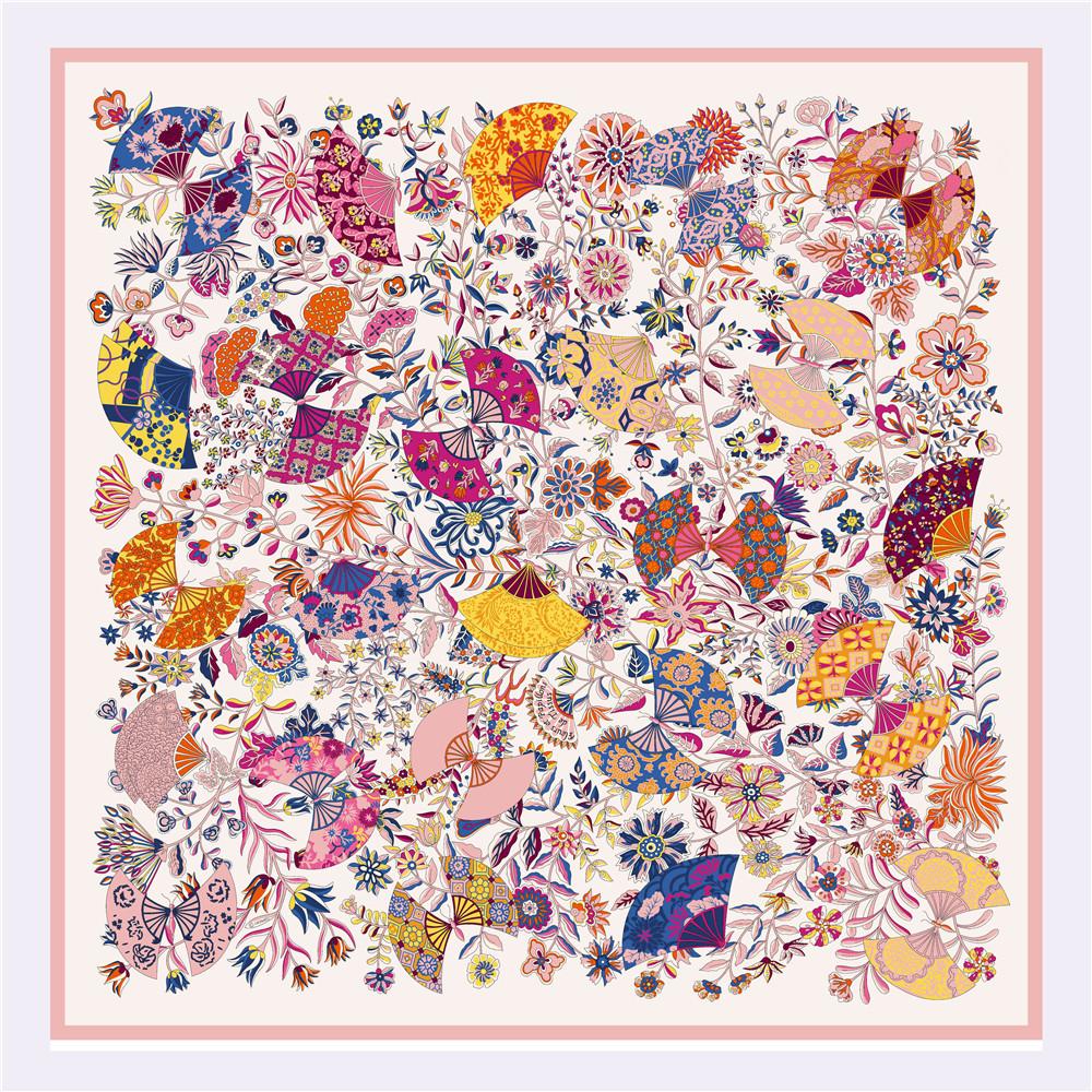 POBING Twill Silk Scarf Women Shawls Fan Leaves Print Stoles Bandana Kerchief Hijab Square Scarves Wraps Silk Foulards 130CM