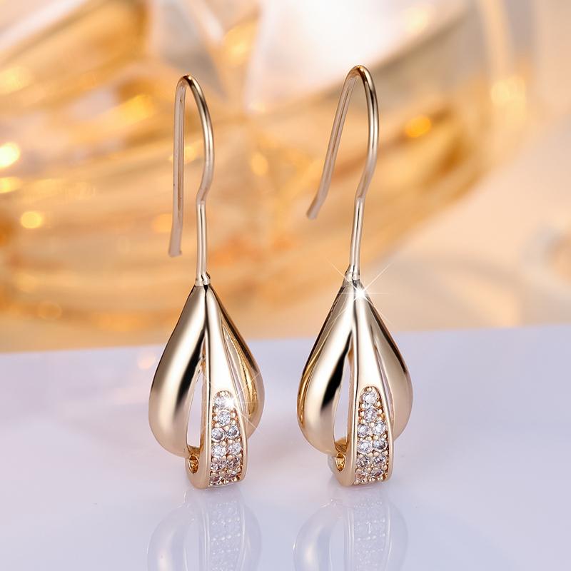 Elegant Gold Color Leaf Zircon Drop Hook Earrings for Women Boho Ethnic CZ Bridal Earring Wedding Jewelry