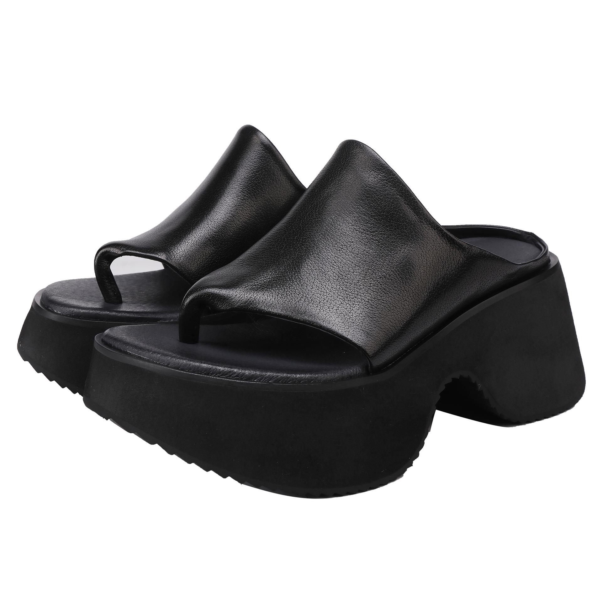 

Johnature Genuine Leather Thick Soled Flip Flops Retro Outdoor Wedges Slippers Women s Platform Shoes 34 чёрный