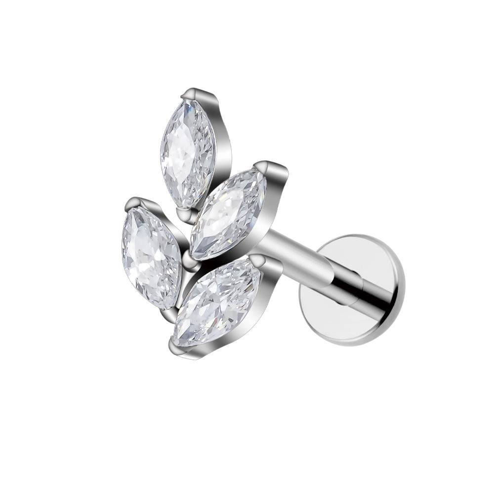Right Grand ASTM F136 Titanium 16G Marquise CZ Leaf Shaped Cartilage Helix Conch Lobe Ear Piercing Flat Back Earring