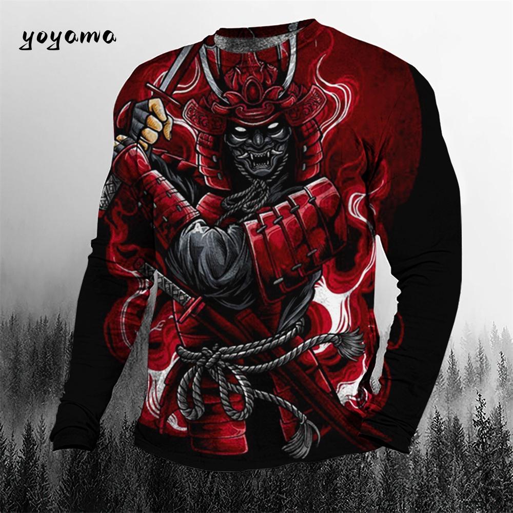 Rundhals 3D Japanischer Samurai-Druck Lässige Langarm-Herren-T-Shirts - Weicher, mittelelastischer Polyesterstoff Frühling und Herbst Relaxed Fit Kleidung