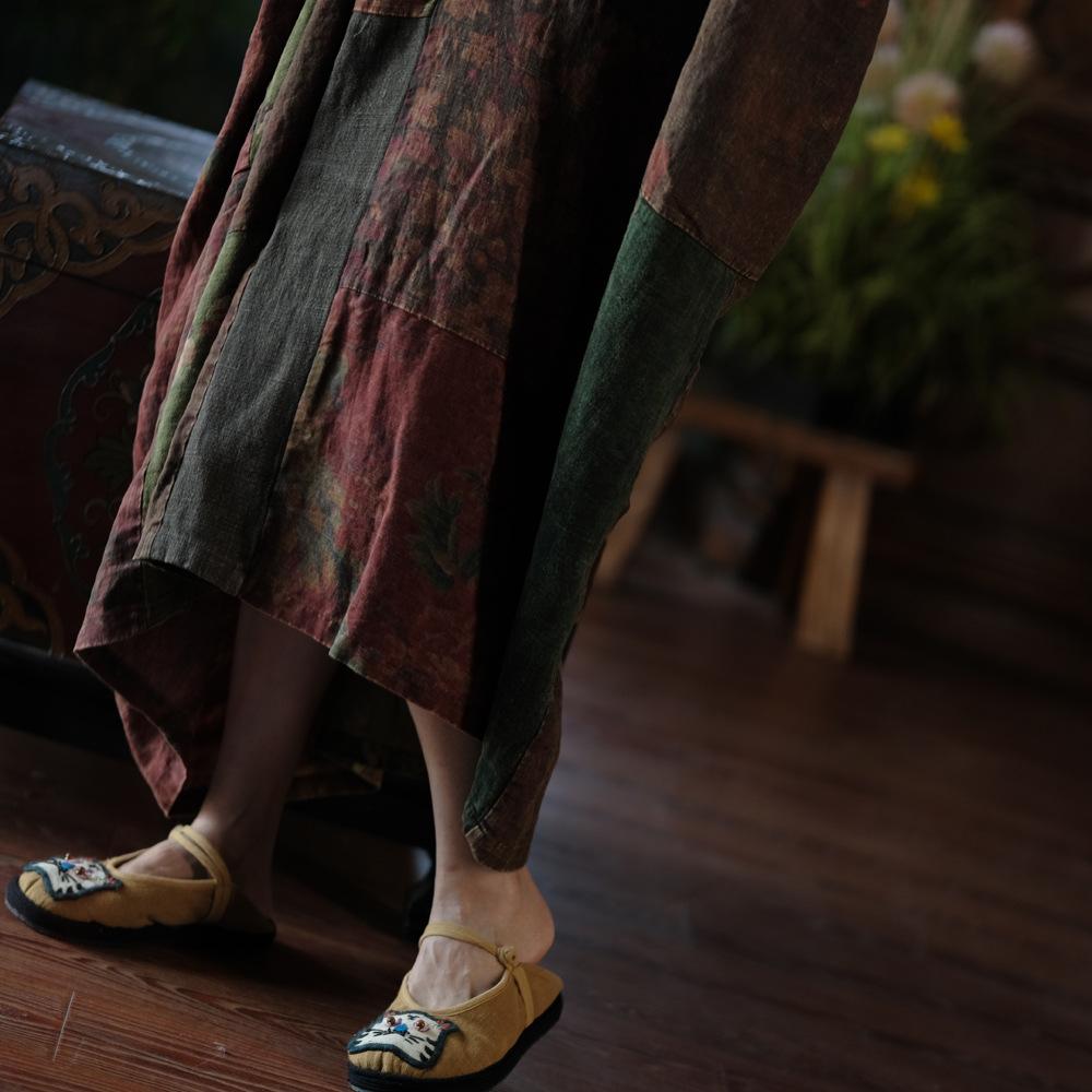 Johnature Dámské vintage šaty patchwork netopýří rukáv podzim V-výstřih volné čínský styl dámské šaty