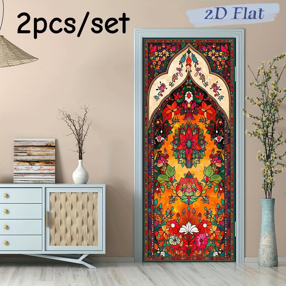 

2pcs Islamic style decorative door and wall stickers adopt colored glass window art design, integrating flowers and geometric pa (as the picture,38.5x200cmx2)