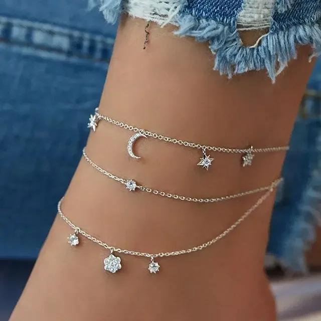 

4pcs Set Sexy Fashion Moon and Star Cross Multilayer Anklet for Women Temperament Heart Summer Beach Foot Accessories Jewelry серебряный
