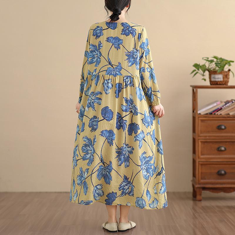 DIMANAF New 2026 Women Long Dress Plus Size Spring Summer Vintage Loose Oversize Long Sleeve Maxi Floral Print