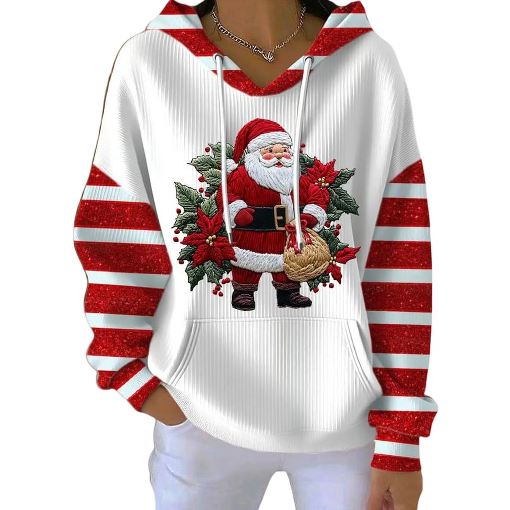 Women's Loose And Comfortable Drawstring V-neck Long Sleeved Christmas Print Hoodie