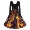Women's Casual V-Neck Long Sleeve Vintage Halloween Print Dress