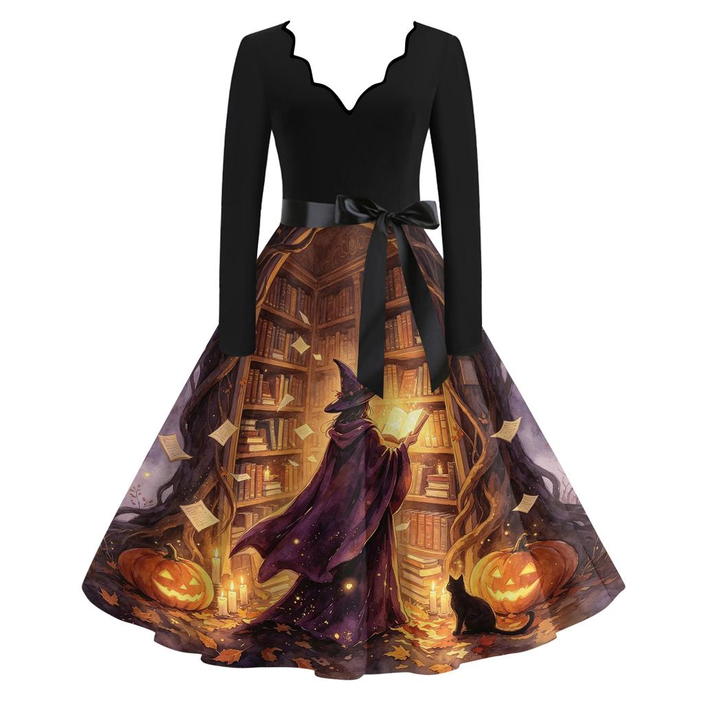 Women's Casual V-Neck Long Sleeve Vintage Halloween Print Dress