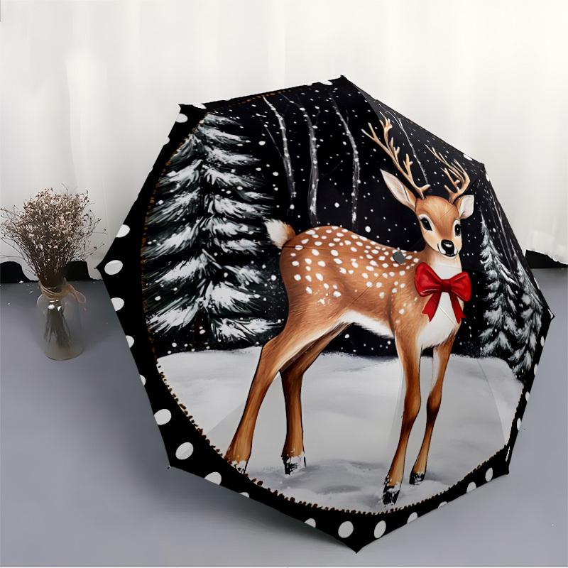 1pc Winter Deer Automatic Folding Umbrella   Compact 8 Rib Design, Durable Iron Frame for Travel, Outdoor,  a0920075