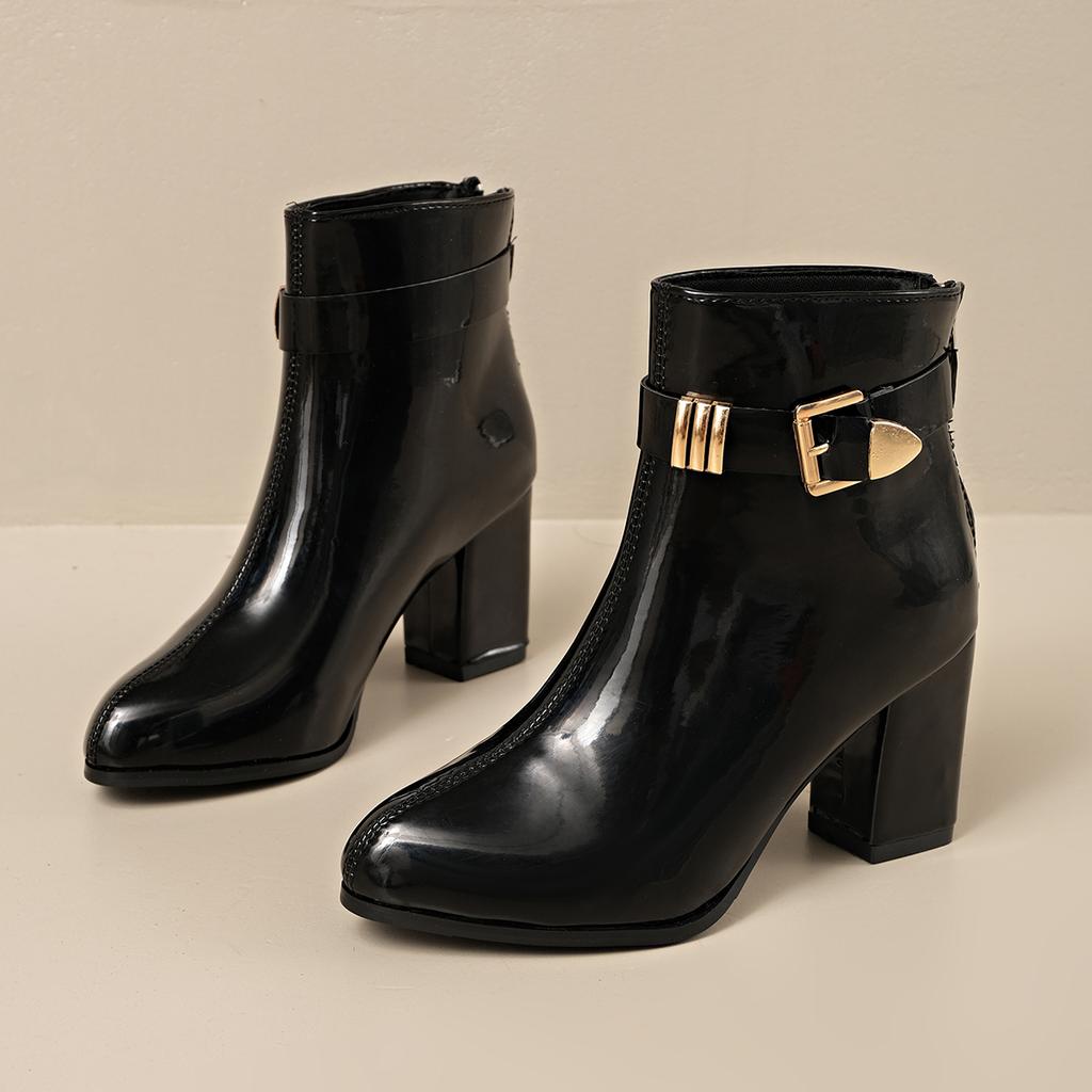 Sexy Patent Leather Black Ankle Boots Women Winter Metal Buckle High Heel Chelsea Boots Gold Decoration Designer Shoes Lady