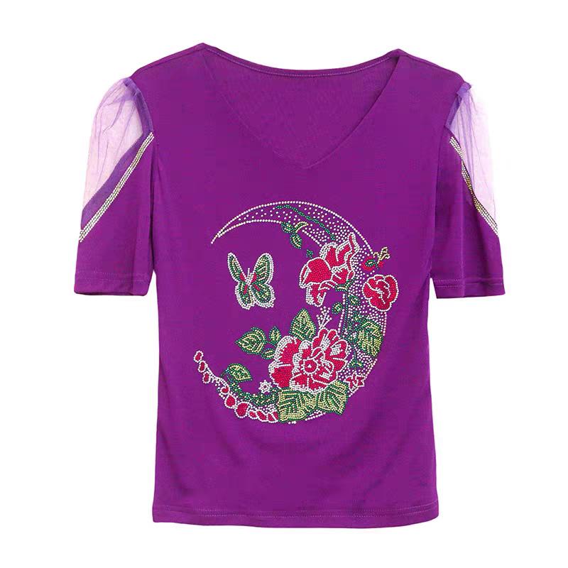 New European V-Neck Women Bling Flower Butterfly T-Shirt Streetwear Hot Diamonds Tees Summer Short Sleeve Slim Tops