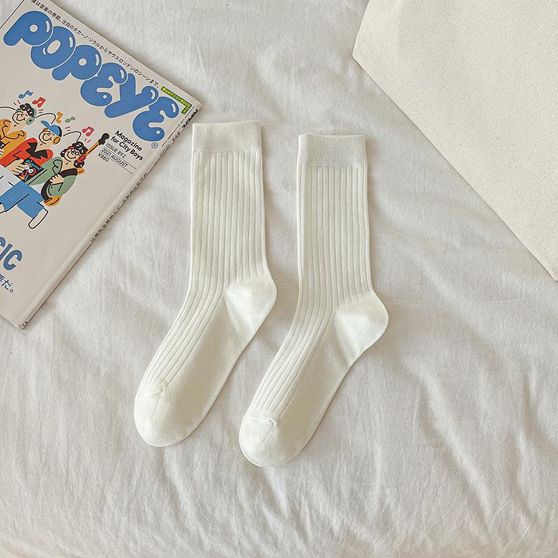 Female Summer Thin Simple Pure Color All Build Vertical Bar Wicking High Tube Cotton Socks