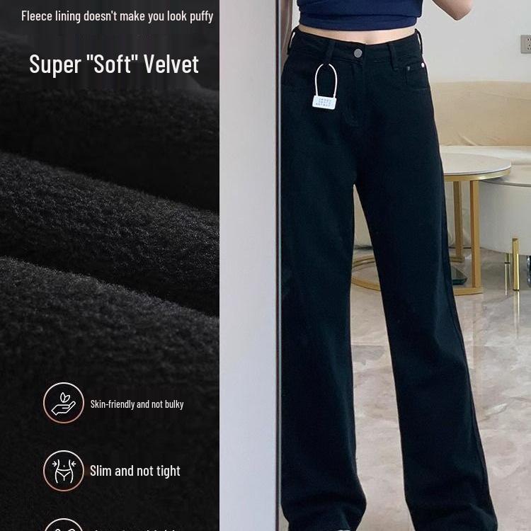Dámské černé džíny s fleecovou podšívkou s vysokým pasem - Podzim/Zima Petite Rovné Nohy Zeštíhlující Kalhoty