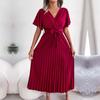 Women Spring Summer Temperament Cross V-Neck Short Sleeve Solid Color Pleated Maxi Long Dress S-XL