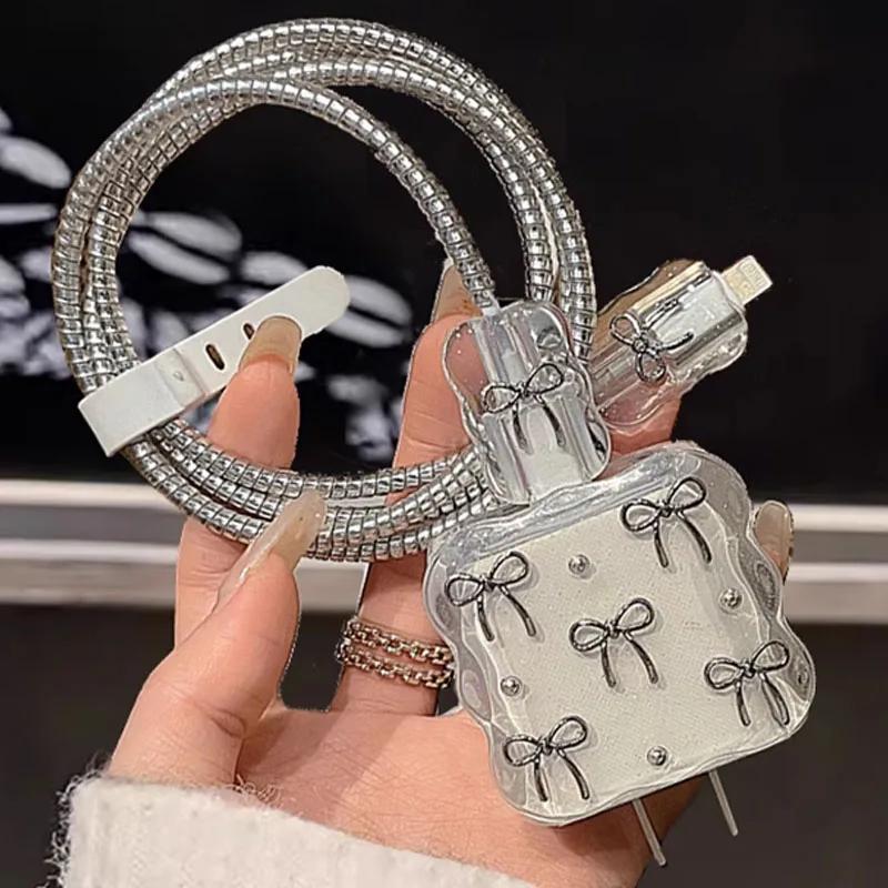 Transparent Shining Bowknot Cellphone Charger Protective Case Sleeve for Apple IPhone 18/20W Laser Cable Winder Wire Protectors