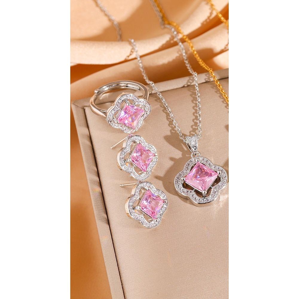 Four-leaf Clover Stylish and Elegant Light Luxury Pendant Zircon Exquisite Clavicle Chain Earrings Titanium Steel Necklace Set