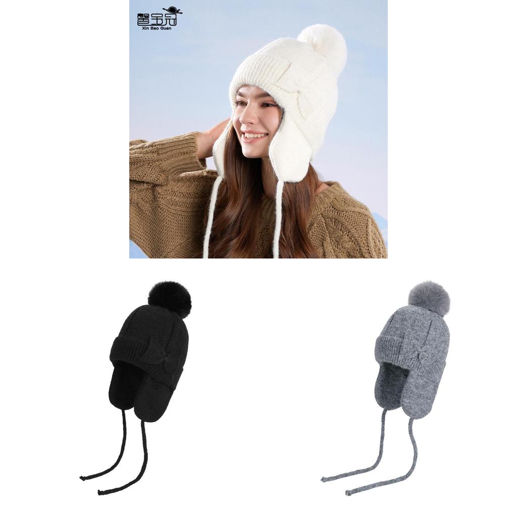 Women Knitted Warm Winter Hat With Bow For Outdoor Sports And Commuting