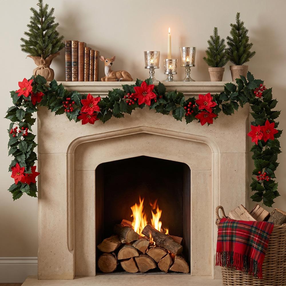 European & American Christmas Poinsettia and Holly Red Berry Vine Artificial Greenery for Home & Holiday Décor