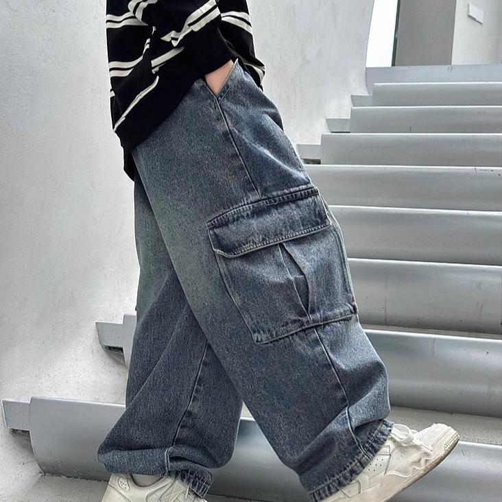 

Мальчиковые брюки Весенне-осенние стили Детские джинсы Рабочие брюки Свободные повседневные брюки 170 синий