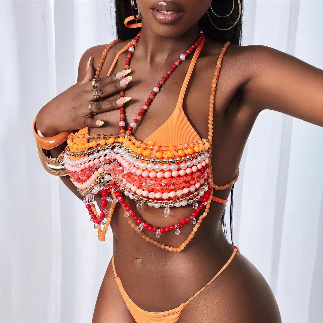 Orange Bead Tassel Halter Crop Top onesize