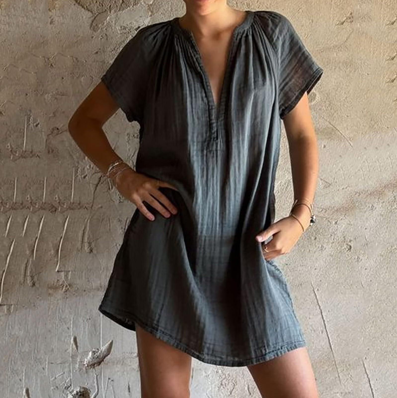 Women s Color Casual Short Sleeved V-neck Pleated Dress L