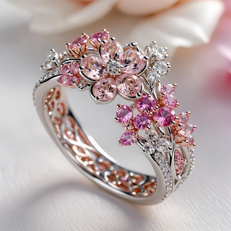 European and American luxury ring romantic lady silver ring with floral shape pink zircon ring