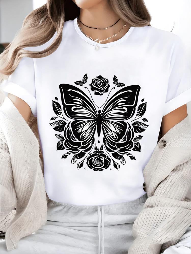 (Asian Size) Watercolor Flower Trend 90s Print Short Sleeve T-shirts Fashion O-neck Female Casual Women's Top T Clothing  Graphic Tee
