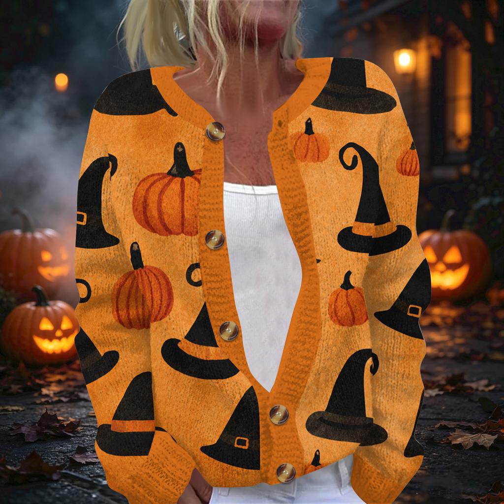 Damski kardigan z dzianiny z nadrukiem na Halloween, z długim rękawem, zapinany na guziki