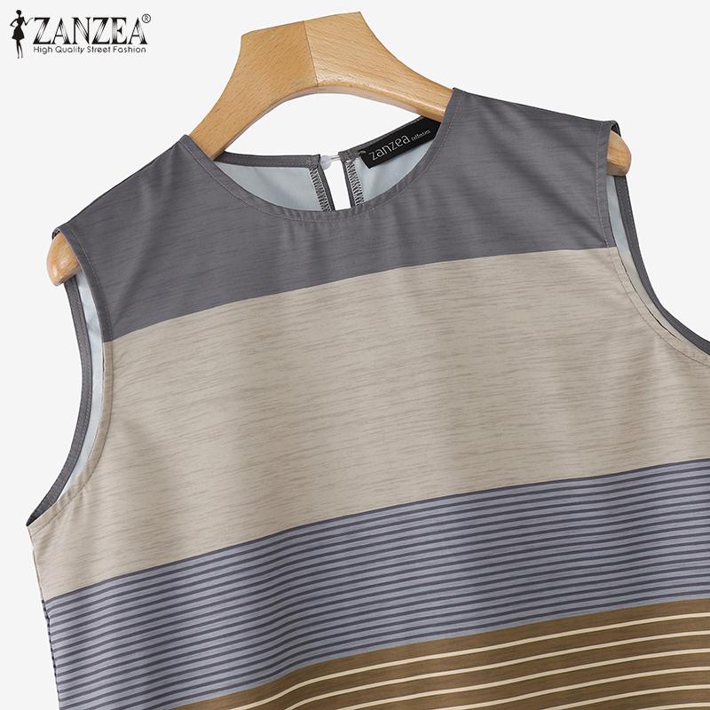 ZANZEA Womens Summer Round Neck Stripe Sleeveless Dress