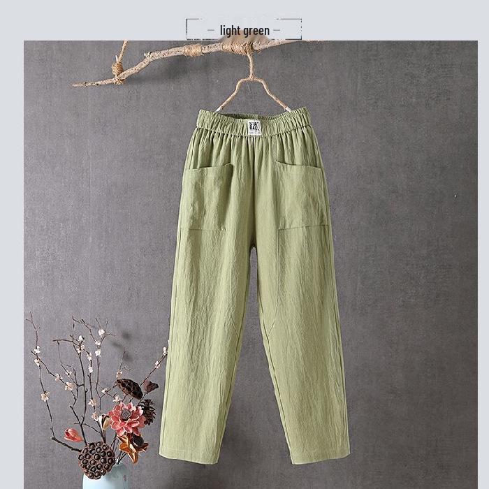 Women's 2023 Cotton-Linen Casual Straight Pants, Korean Style, Slim Fit, Lightweight Nine-Point Harem.