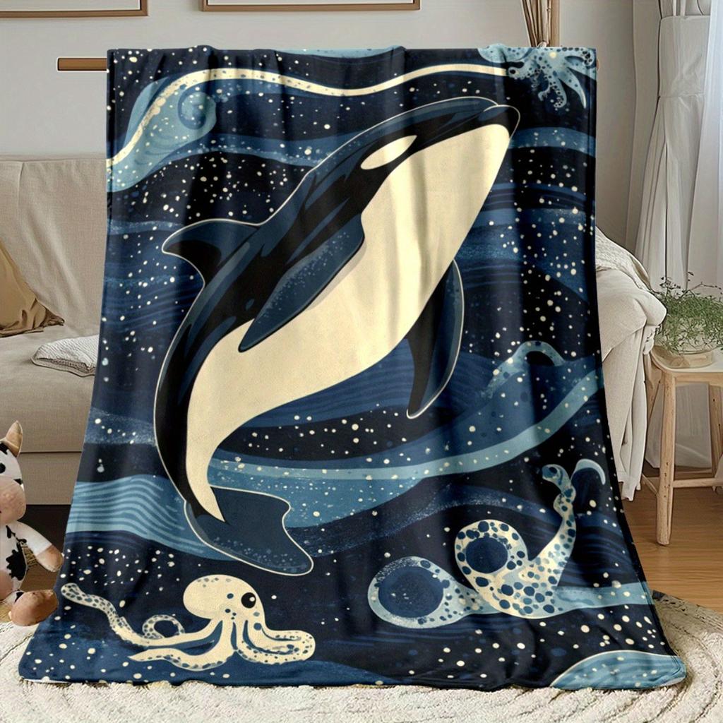 Orca Whale Oceanic Flannel Blanket Soft Lightweight All Season Throw for Sofa Bed Travel Marine Life Design Gift