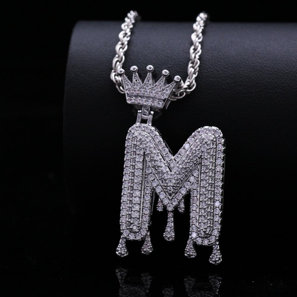 Stylish Hip Hop Zircon Crown Pendant Necklace with 26 English Letters for Women
