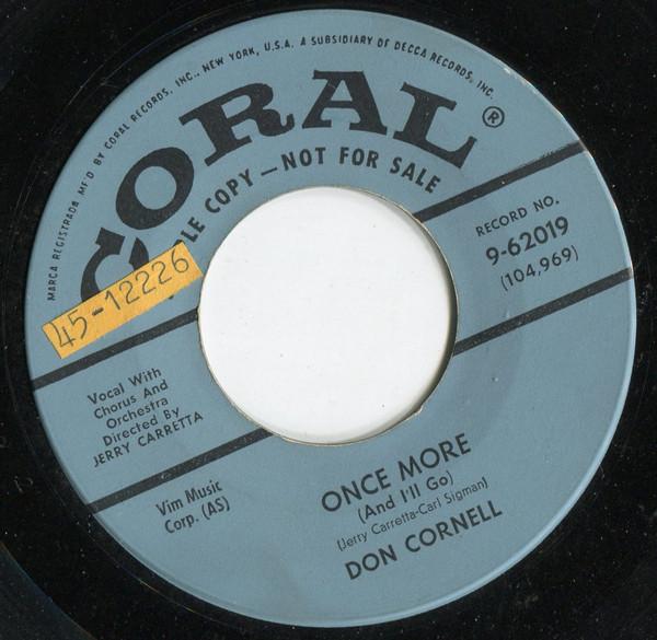 

7inch Record DON CORNELL But Not Your Heart 962019PROMO Coral 1958 US Pop Used