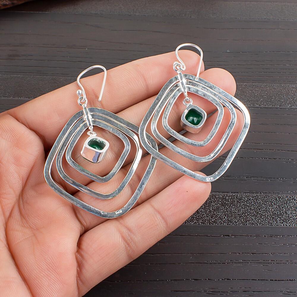 Grüner Onyx Edelstein 925 Sterlingsilber Handgefertigter Schmuck Ohrringe 2,44" Zum Verschenken EE-70-14