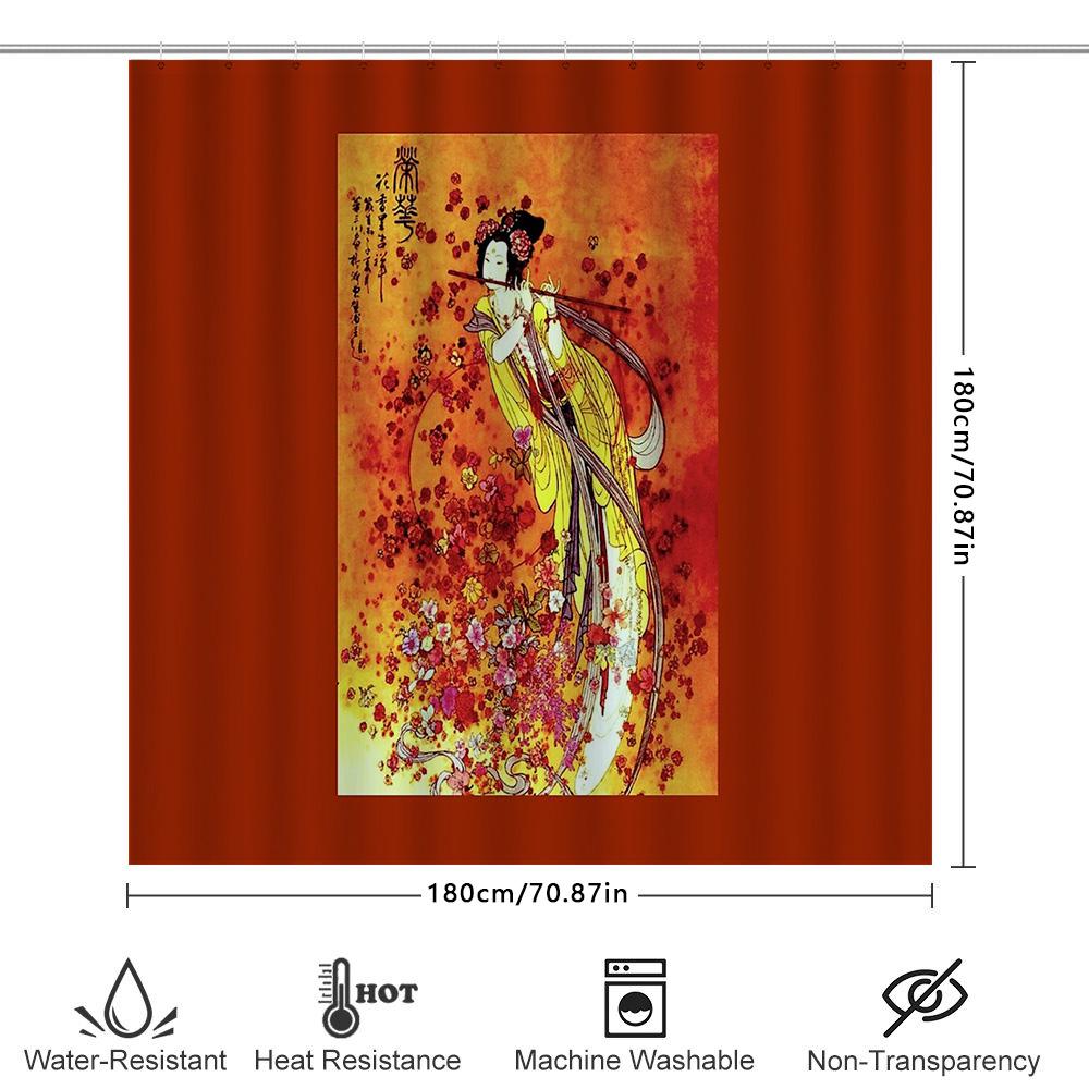 Japanese Geisha Bath Curtain Vintage Kimono Shower Curtain Traditional Floral Art Decor Japanese Style Bathroom Decor