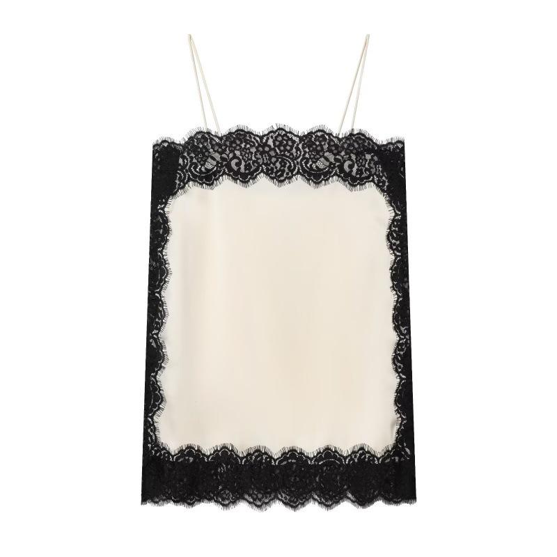 Шелковый атласный кружевной топ-камзол в европейском и американском стиле - Коллекция Осень/Зима 2025 Small бежевый