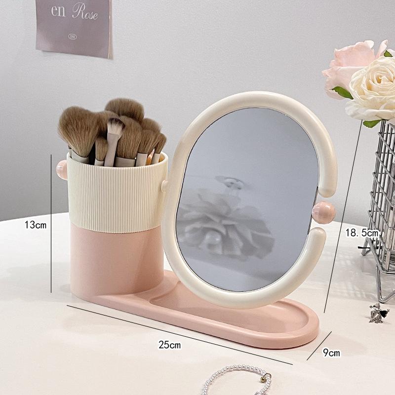 Rotatable Makeup Mirror with Storage Box, Desktop Cosmetic Brush Holder, Multifunctional Table Vanity Mirror Tray