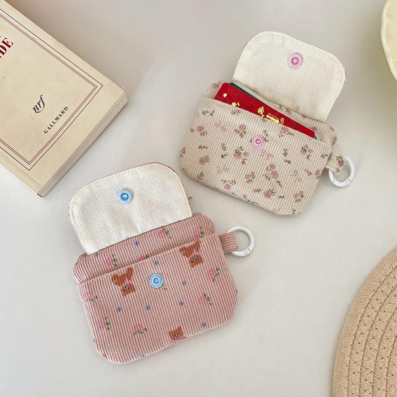 Cute Corduroy Coin Purse Fashion Floral Print Heart Snap Button Mini Wallet for Student School Carry Change Jewelry Storage