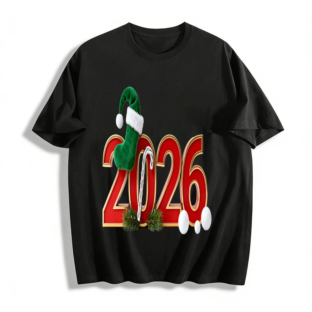 

2026 Christmas Themed Red Green Color Block Holiday Print Casual Top Pure cotton T-shirt XXS